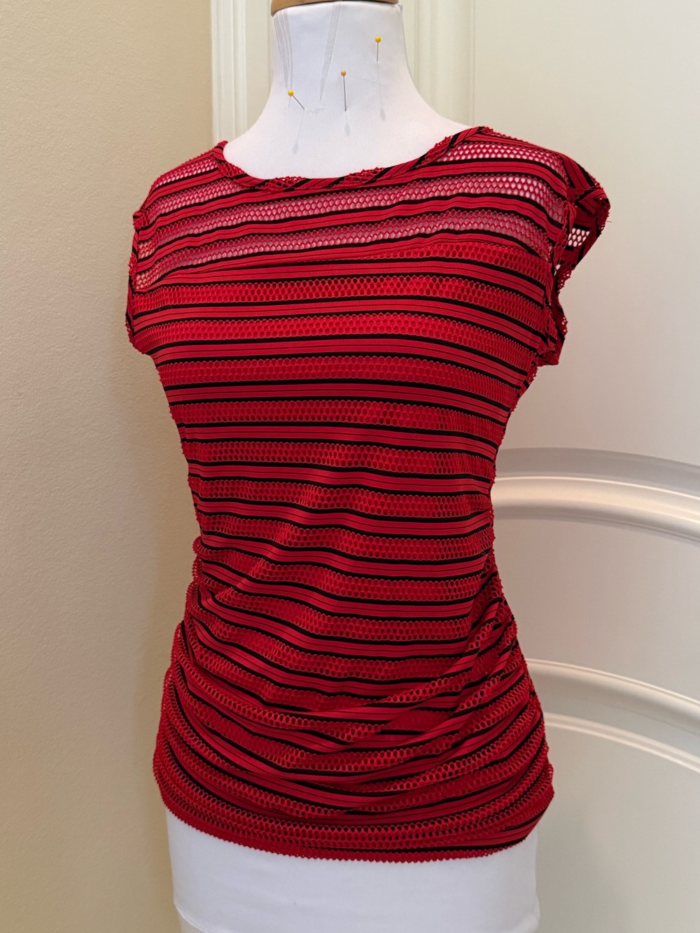 AGB red and black striped mesh top